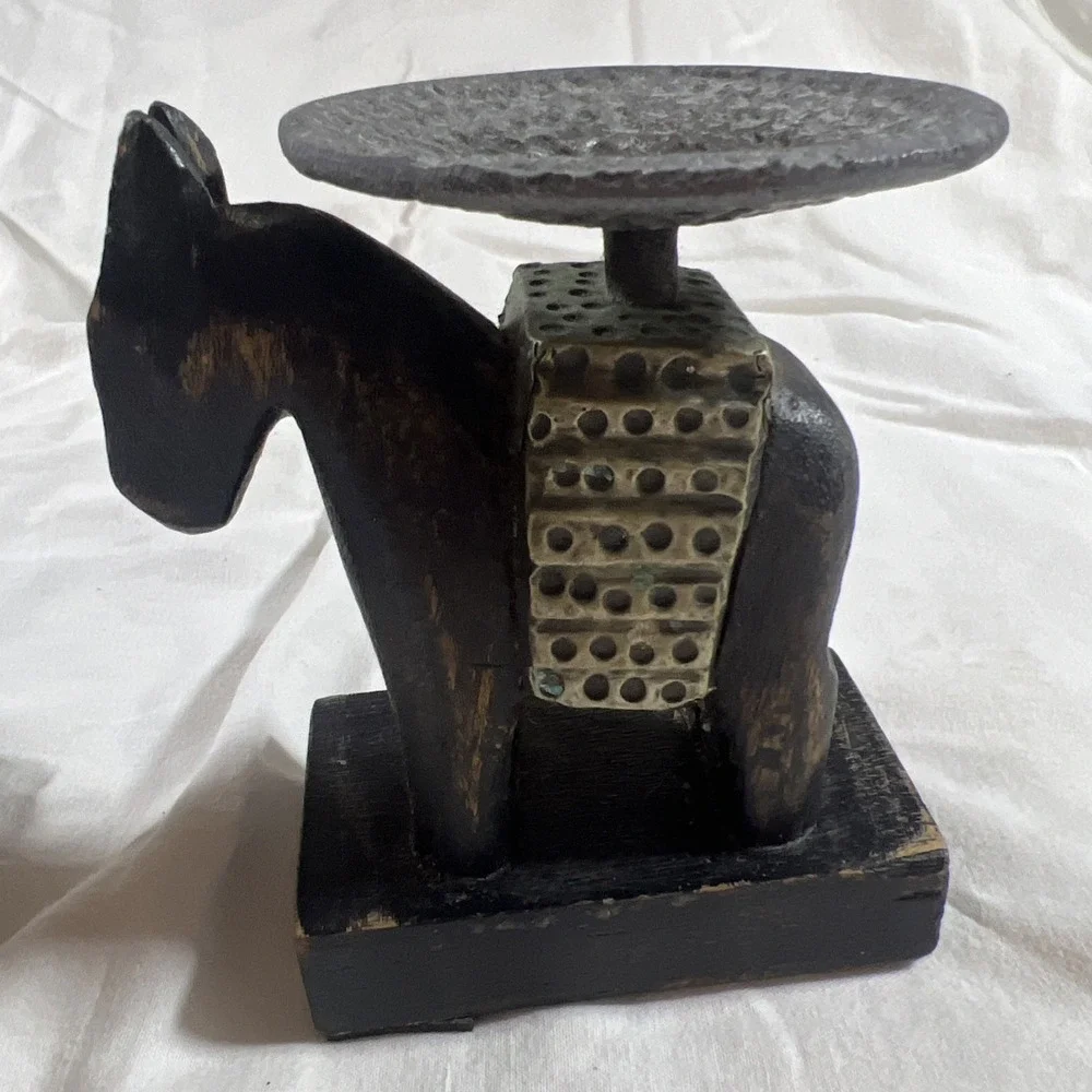 Vintage Carved‎ Wood Horse & Elephant Candle Holders Set Brass Accents Folk Art